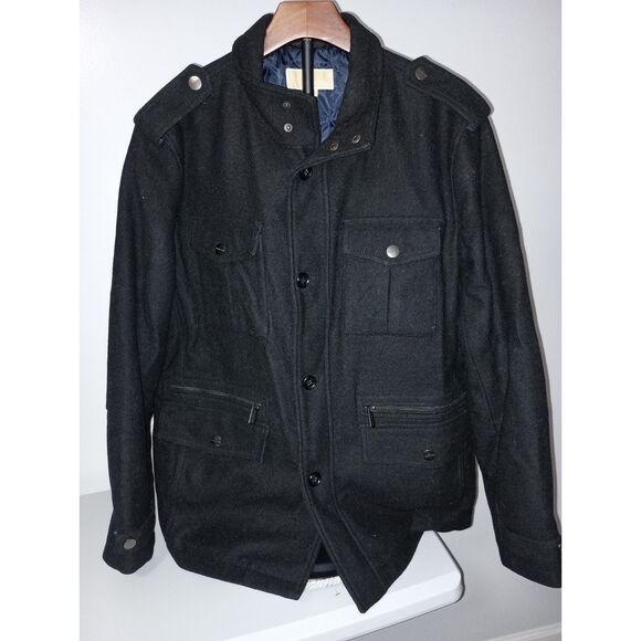 MICHAEL KORS: Black Lined Pea Coat with Zipped Front Pockets, Men's Size L - Picture 1 of 6